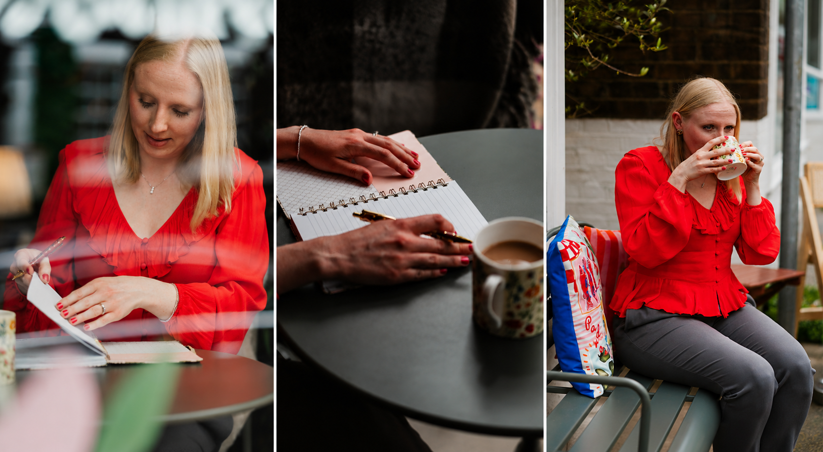 Hannah Pritchard working at a café, writing notes and enjoying coffee